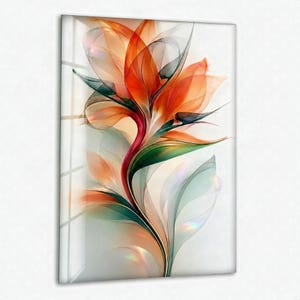 Coral Lily Tempered Glass Wall Art, Flowing Orange Flowers and Emerald Leaves, Modern Translucent Botanical Decor