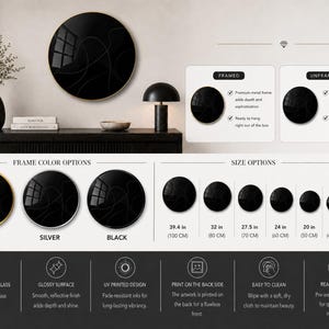 The image is a detailed comparison of different frame options for a black circular artwork, including gold, silver, black, and various sizes. It also provides information on the frame color options, size options, and features such as UV printed design, glossy finish, and ease of cleaning.