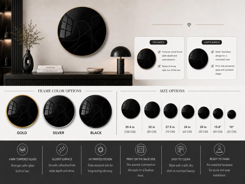 The image is a detailed comparison of different frame options for a black circular artwork, including gold, silver, black, and various sizes. It also provides information on the frame color options, size options, and features such as UV printed design, glossy finish, and ease of cleaning.