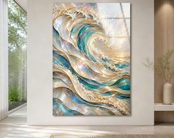 Ocean Wave Tempered Glass Wall Art, Turquoise Blue and Gold Coastal Art, Pearl White Abstract Seascape, Luxury Beach House Wall Decor