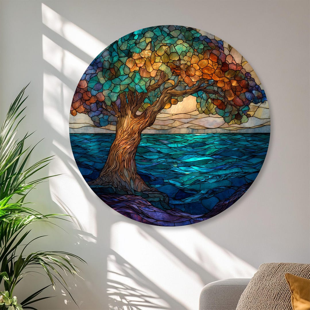 Stained Glass Tree by the Ocean Round Wall Art – Colorful Coastal ...