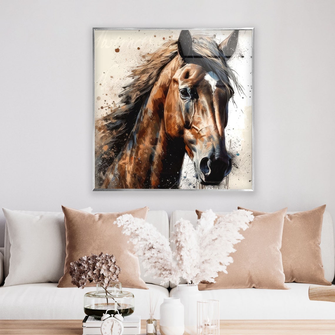 Brown Horse Portrait Watercolor Glass Wall Art for Living Room