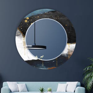 a living room with a blue couch and a round mirror