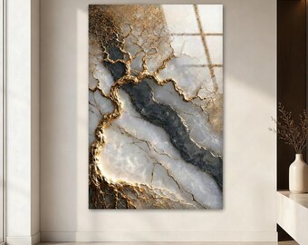 Gold Marble Glass Wall Art, Black White Abstract Decor, Tree of Life Tempered Glass wall art, Golden Life of Tree Marble Wall Art