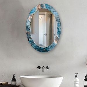 Blue Tempered Glass Oval Wall Mirror: Modern Bathroom Vanity Decor