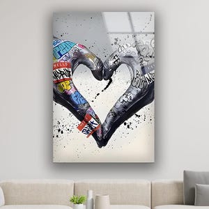 Graffiti Heart Hands Tempered Glass Wall Art: Modern Pop Art Print