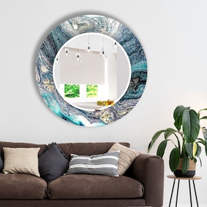 Blue Abstract Round Wall Mirror: Tempered Glass, Modern Decor