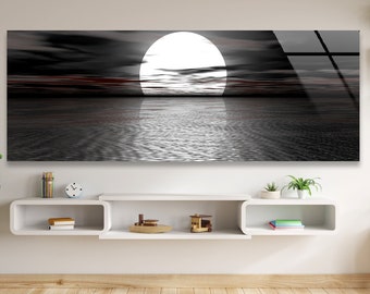 Large Moon View Panoramic Tempered Glass Wall Art Print ,  Black & White Wall Hangings for Home