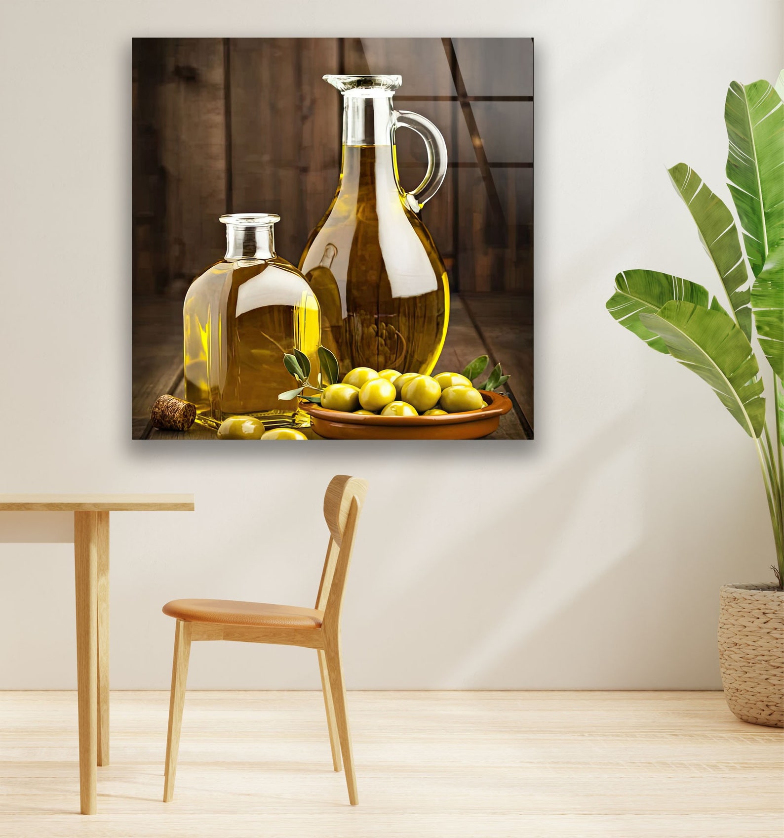 Green Olive and Olive Oil Bottle Tempered Glass Wall Art Large Glass