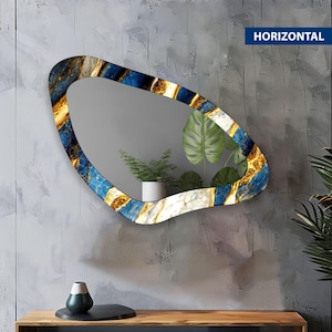 Blue Large Irregular Glass Wall Mirror for Unique Home Decor-Blue Bathroom Mirror for Vanities-Tempered Glass Gold Mirror-large wall mirror