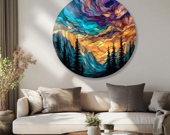 Colorful Mountain Tempered Glass Wall Art – Stained Landscape Round Glass Printing decor