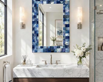 Blue Mother of Pearl Effect Wall Mirror with Mosaic Print, Decorative Glass Mirror in Navy and Icy Blue for Coastal Bedroom and Entryway