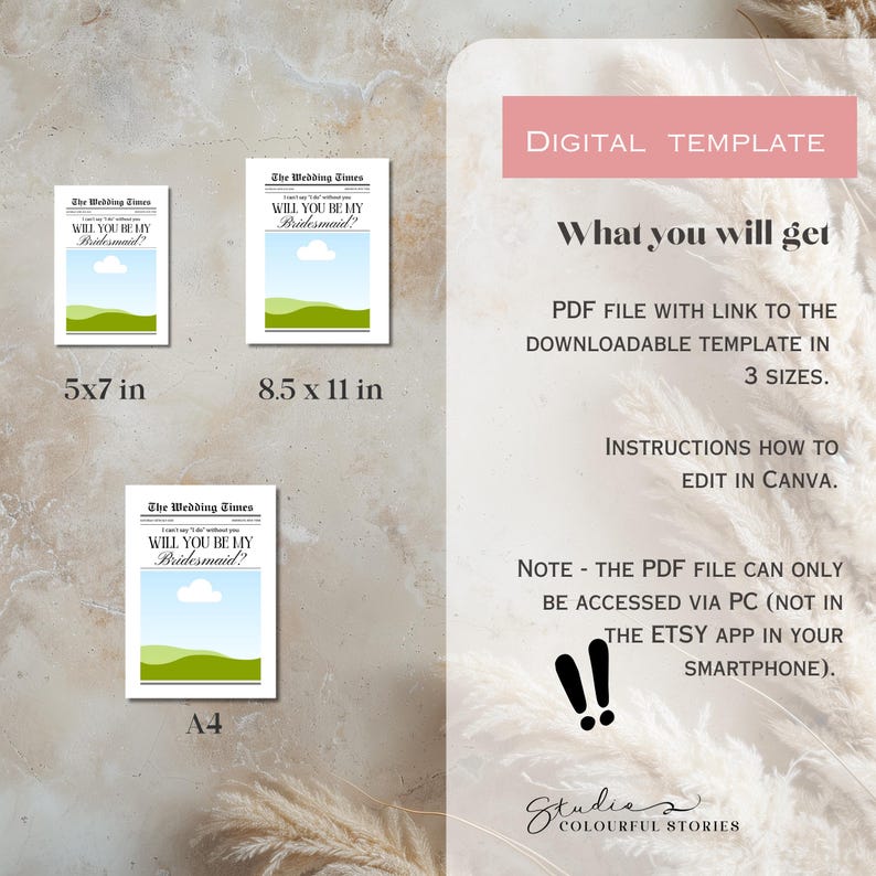 May include: Printable digital template for a bridesmaid proposal card. The card features a newspaper-style design with the text "The Wedding Times" and "Will you be my Bridesmaid?" in black text on a white background. The card is available in three sizes: 5x7 inches, 8.5x11 inches, and A4.