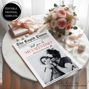 May include: A black and white photograph of a couple with the text "The Cupid Times" and "Will you be my Valentine?" in red. The text "February 14th, 2025" and "Our Special Place" are also included.