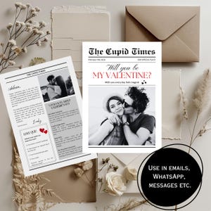 May include: A printable Valentine's Day card featuring a black and white photograph of a couple. The card is designed to resemble a newspaper with the headline "Will you be my Valentine?" and the text "With you every day feels magical."