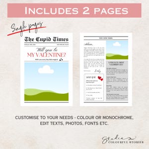 May include: Two printable pages for Valentine's Day. The first page features a newspaper-style design with the headline "Will you be my Valentine?" The second page has a love quiz and fun facts about Valentine's Day.