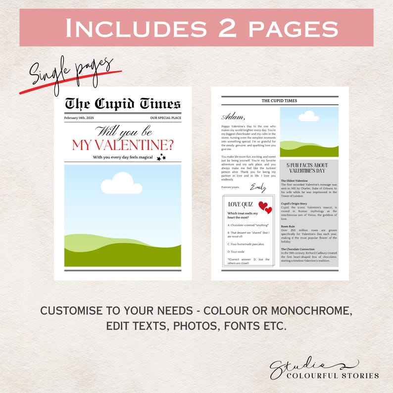 May include: Two printable pages for Valentine's Day. The first page features a newspaper-style design with the headline "Will you be my Valentine?" The second page has a love quiz and fun facts about Valentine's Day.