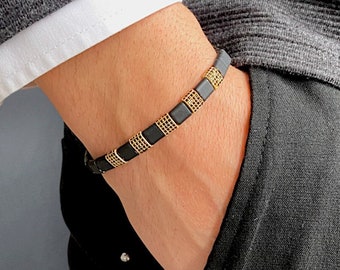 Mens Beaded Bracelet, Adjustable Hematite Bracelet, Gemstone Bracelet with Eco-friendly Thread, Men's Jewelry, Minimalist
