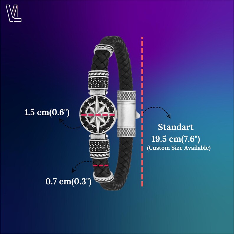 Silver Compass Bracelet, Genuine Leather Bracelet, Cool Mens Bracelet