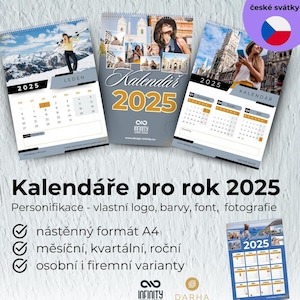 Puede incluir: Un conjunto de calendarios personalizables para el año 2025. Los calendarios están disponibles en formatos mensual, trimestral y anual. Se pueden personalizar con un logotipo, colores, fuentes y fotos. Los calendarios están disponibles en versiones personal y empresarial. El texto de la imagen dice "Calendarios para el año 2025. Personalización - propio logotipo, colores, fuente, fotografía. Formato de pared A4. Mensual, trimestral, anual. Versiones personal y empresarial."