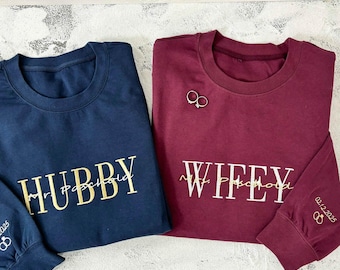 Personalized Wifey Hubby Embroidered Sweatshirt with Date & Rings on Sleeve, Perfect Engagement Wedding Gifts for Couple, Bridal Party Gifts