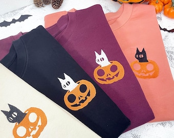 Black Cat Embroidered Halloween Sweatshirt, Custom Fall Sweatshirt, Cozy Pumpkin Crewneck for Cat Lovers, Cute Autumn Spooky Season