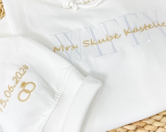Wifey Embroidered Sweatshirt, Hubby Wifey Hoodie, Date with Rings On Sleeve, Future Mrs Hoodie, Gift For Bride, Wedding Engagement Gifts