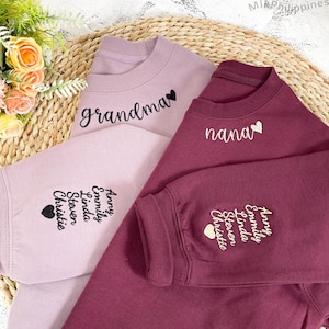 Embroidered Grandma Sweatshirt with Grandkids Name on Sleeve, Custom Nana Sweatshirt, Minimalist Mama Sweatshirt, Mothers Day Gift for Mom