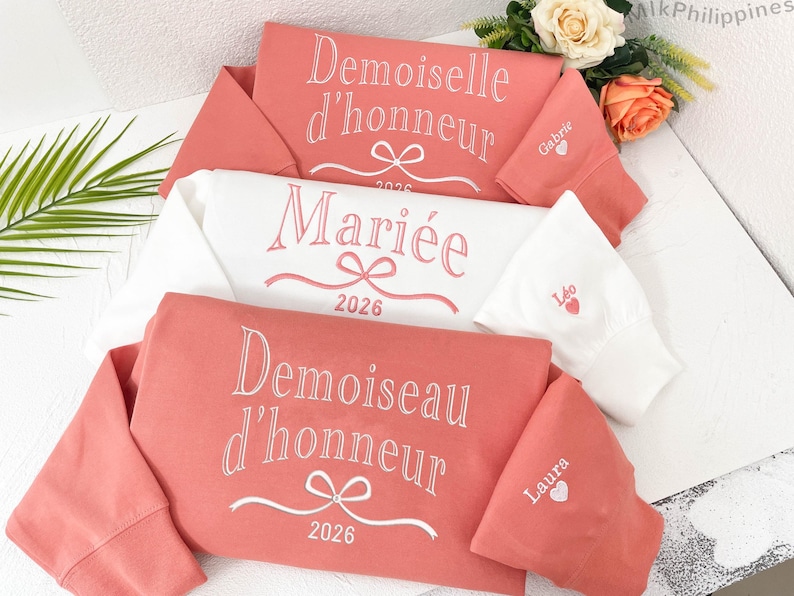 Custom Embroidered Mariée/Demoiselle d'Honneur Sweatshirt, EVJF Bridal Party Gift, Bachelorette & Wedding Favor