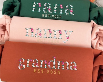 Embroidered Floral Nanny Sweatshirt with Kids Name on Sleeve, Custom Mama, Nana, Grandma, Auntie Sweatshirt, 60th Birthday Gift for Mom