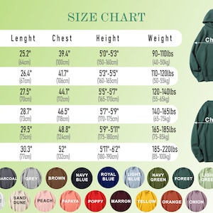 May include: Size chart for a hoodie and crewneck sweatshirt, with measurements in inches and pounds. Includes sizes XS to 2XL, chest, length, height, and weight. Color options are displayed at the bottom.