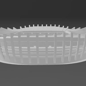 Op de afbeelding: Een wit 3D-model van een stadion met een cirkelvormig ontwerp en een groot open gebied in het midden. Het stadion heeft meerdere niveaus met zitplaatsen en een reeks verticale steunen.