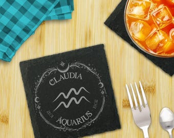 Personalised Slate Zodiac Coaster: Engraved Aquarius Design with Custom Name