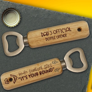 Flesopener houten pijlpunt met glimmende ogen, grappig citaat gepersonaliseerd