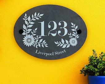 Slate Oval House Number with Floral Design and Street Name