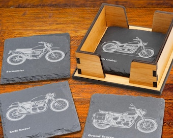 Classic Bike Slate Coaster Set | Motorbike Gift for Him | Optional Holder