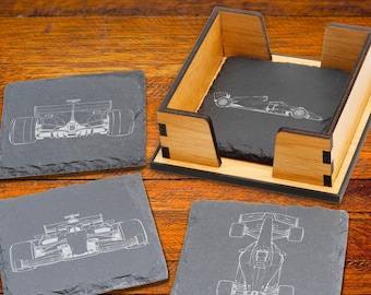 Personalised Motorsport Formula Art Coaster Set Gift, Optional Wooden Holder