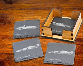 Formula Racing Car Evolution Slate Coasters, Premium Motorsport Gift for Husband or Son, Optional Wooden Holder