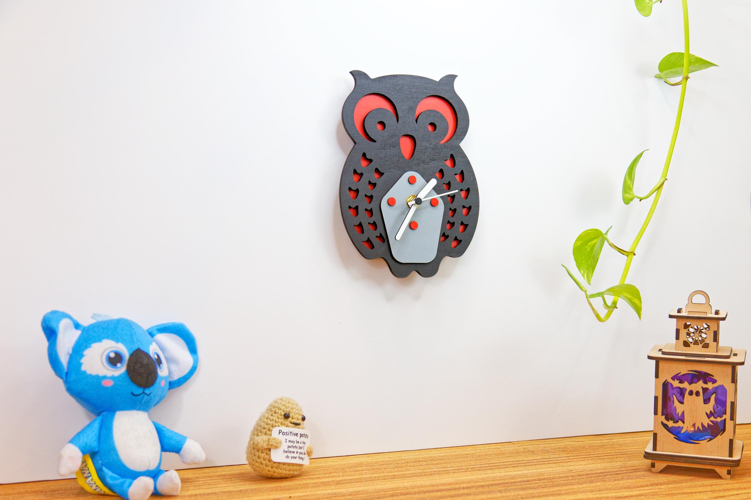 Handmade Wooden Owl Clock – Unique Wall or Desktop Decor | Custom Colors Available