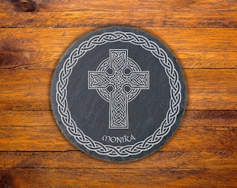 Celtic Cross Slate Coaster, Engraved Irish Coaster