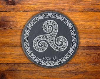 Celtic Symbol Slate Coaster, Engraved Triskelion Design With Celtic Options