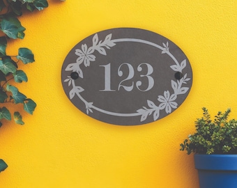 House Number Plaque, Oval Slate with Floral Frame, Personalised