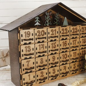 Wooden advent calendar with 24 drawers - view from angle