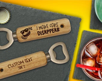 Engraved Wooden Bottle Opener | Custom Quote, Cap Flying Off Collection