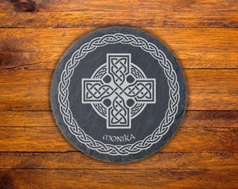 Celtic Ailm Slate Coaster, Engraved Ogham Inspired Celtic Gift, Natural Slate Drink Coaster