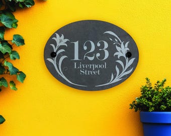 Oval Slate House Address Plaque, Personalised Floral Design, Engraved, Fixings Included