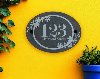 Slate Oval House Number Plaque, Floral Engraved, Personalised