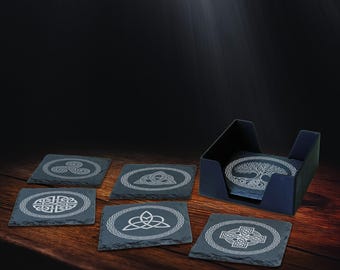 Celtic Slate Coasters Set with Optional Wooden Holder - Set of 4 | Set of 6 | Personalised Gift