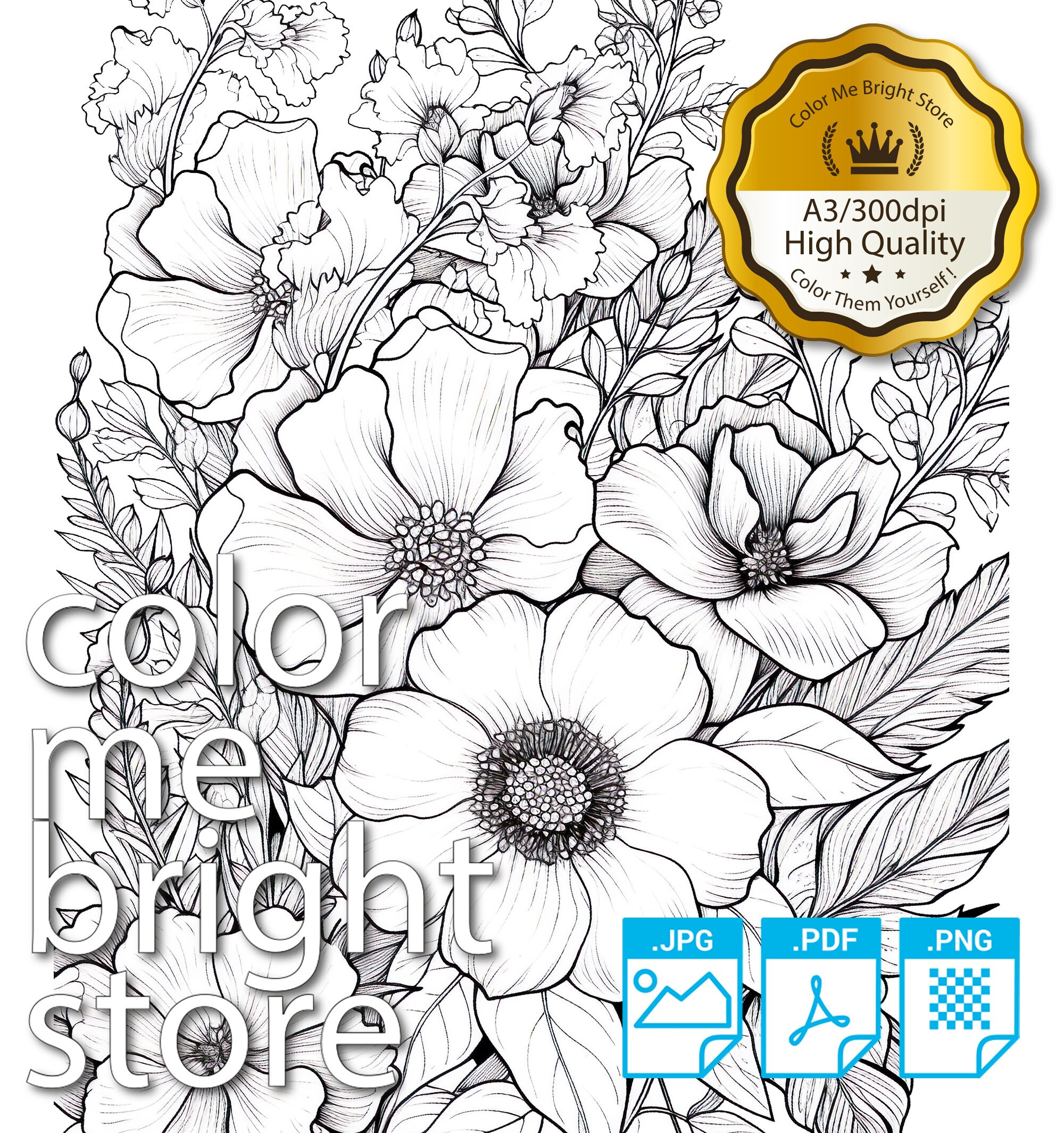Coloring Page Printable Flowers Coloring Pages Instant Download Grayscale &amp; Premium Colors ...
