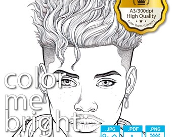 Coloring Page | Printable Man’s Hair Coloring Pages Instant Download Grayscale & Premium Colors Illustration High Quality PDF JPG PNG